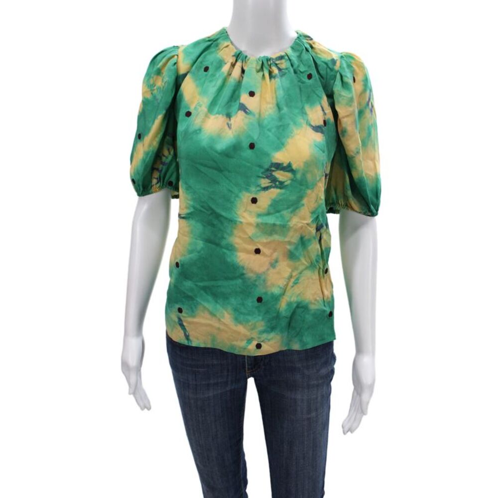 Ulla Johnson Womens Green Silk Polka Dot Tunic Short Sleeve Size 6